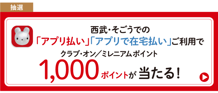 抽選で当たる 西武・そごうでの「アプリ払い」「アプリで在宅払い」ご利用でクラブ・オンミレニアムポイント 1,000ポイントが当たる!