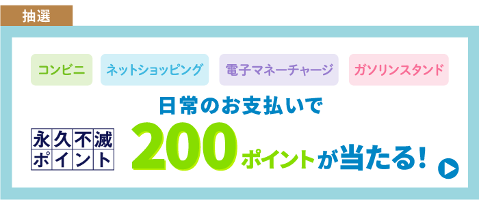 抽選で当たるコンビニ・ネットショッピング 電子マネーチャージ ガソリンスタンド 日常のお支払いで永久不滅ポイント200ポイントが当たる!