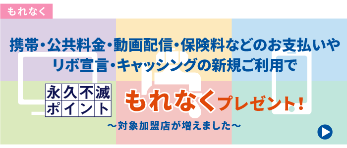 もれなくもらえる 携帯・公共料金・動画配信・保険料などのお支払いやリボ宣言・キャッシングの新規ご利用で永久不滅ポイントもれなくプレゼント！