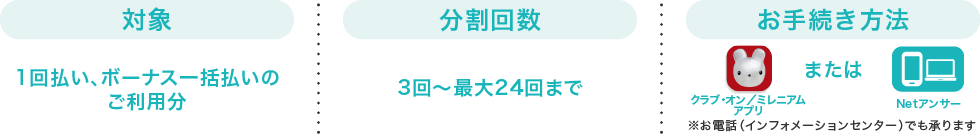 対象:1回払い、ボーナス一回払いのご利用分 分割回数:3回〜最大24回まで お手続き方法:「クラブ・オン/ミレニアム アプリ」または「Netアンサー」※お電話(インフォメーションセンター)でも承ります。