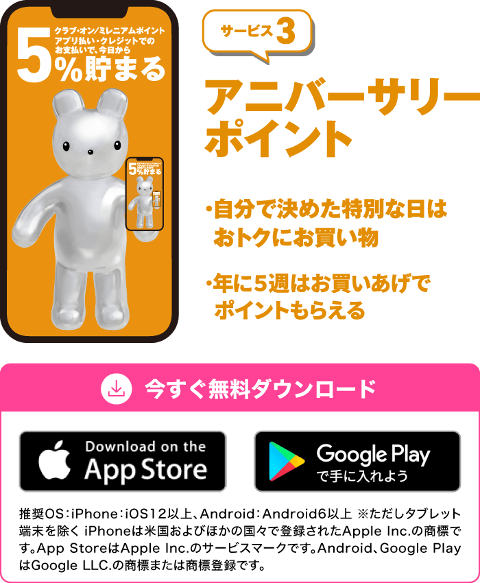 サービス3「アニバーサリーポイント」・自分で決めた特別な日はおトクにお買い物・年に5週はお買い上げでポイントもらえる