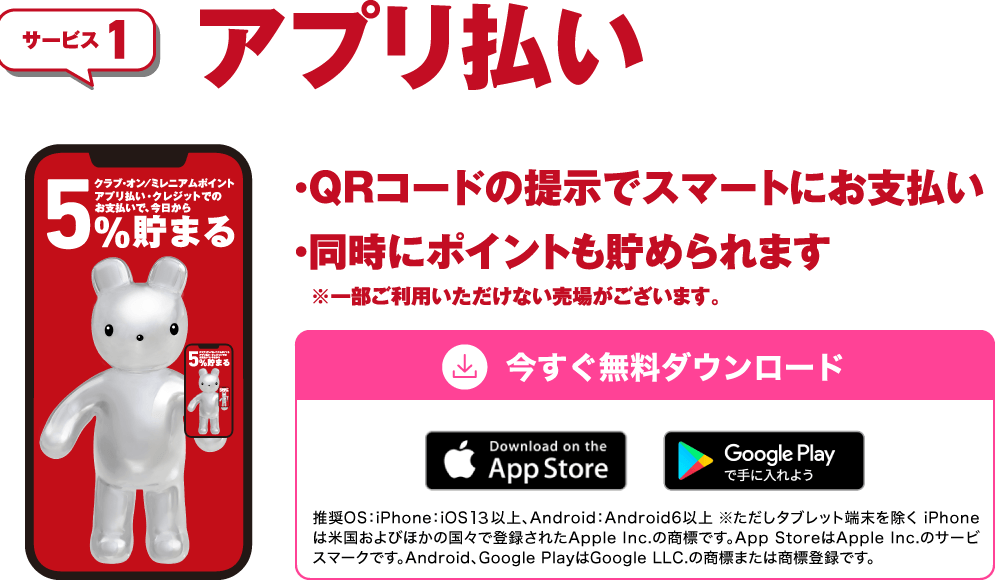 サービス1「アプリ払い」・QRコードの提示でスマートにお支払い・同時にポイントも貯められます　※一部ご利用いただけない売場がございます。