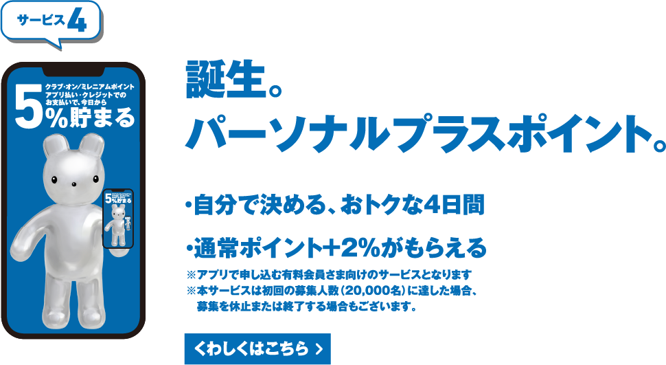 サービス4 誕生。パーソナルプラスポイント。 くわしくはこちら