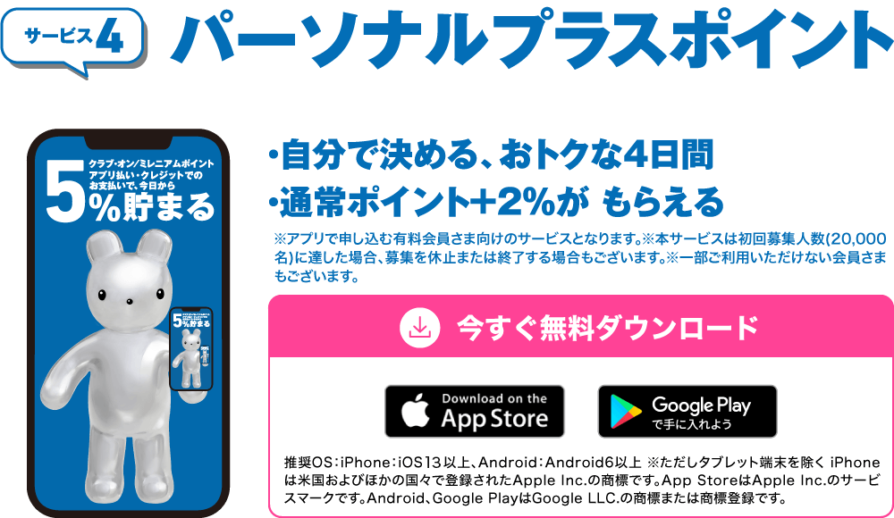 サービス4「パーソナルプラスポイント」・自分で決める、おトクな4日間・通常ポイント＋2％がもらえる　※アプリで申し込む有料会員さま向けのサービスとなります。※本サービスは初回募集人数（20,000名）に達した場合、募集を休止または終了する場合もございます。※一部ご利用いただけない会員さまもございます。