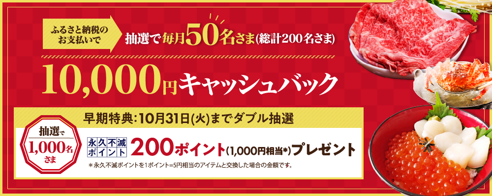 ふるさと納税のお支払いで抽選で毎月50名さま(総計200名さま)10,000円キャッシュバック