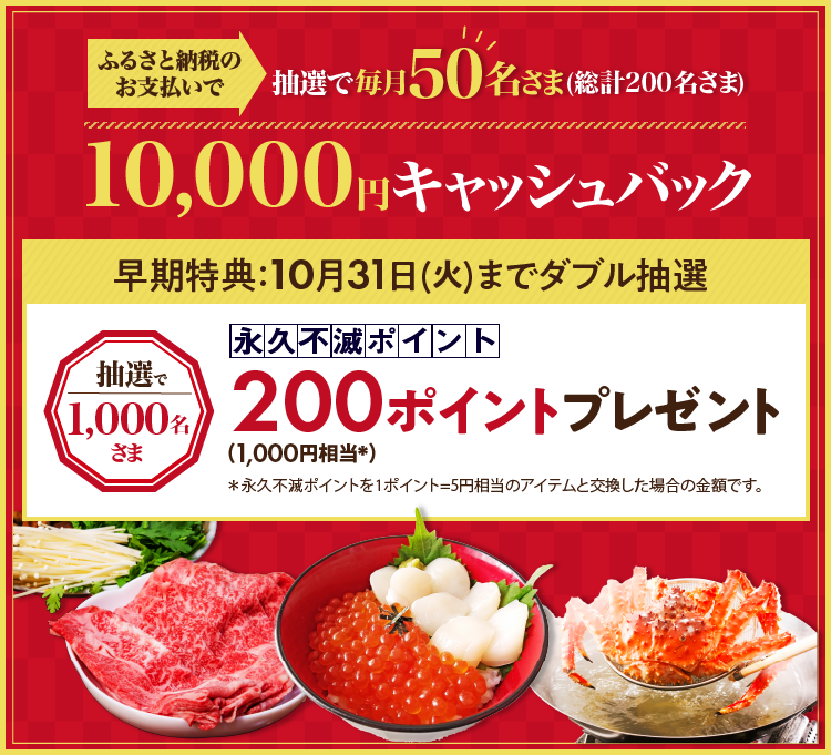 ふるさと納税のお支払いで抽選で毎月50名さま(総計200名さま)10,000円キャッシュバック