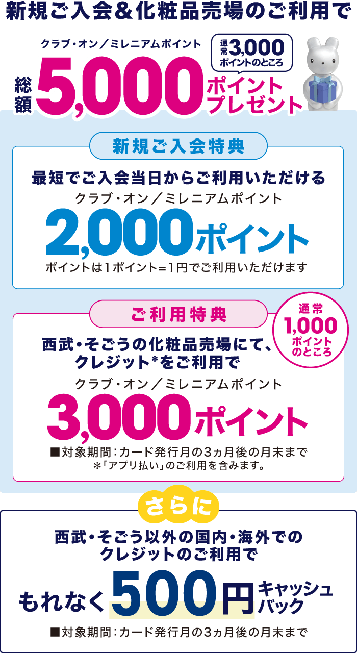 新規ご入会&化粧品売場のご利用でクラブ・オン／ミレニアムポイント総額5,000ポイントプレゼント！さらに、西武・そごう以外の国内・海外でのクレジットのご利用で、もれなく500円キャッシュバック