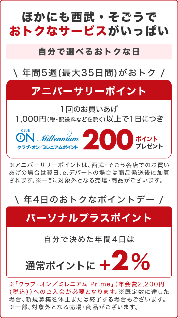 ほかにも西武・そごうでおトクなサービスがいっぱい。アニバーサリーポイント：1回のお買いあげ1,000円（税・配送料などを除く）以上で1日につきクラブ・オン／ミレニアムポイント200ポイントプレゼント パーソナルプラスポイント：自分で決めた年間4日は通常ポイントに＋2%