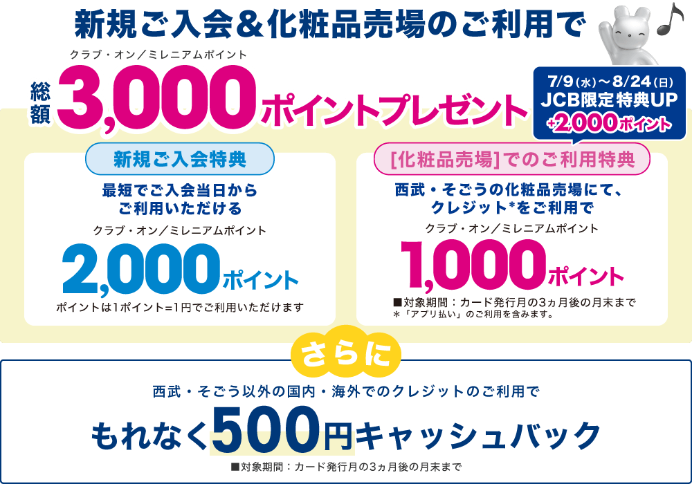 [7/9〜8/24JCB限定 特典2,000ポイントアップ]新規ご入会&化粧品売場のご利用でクラブ・オン／ミレニアムポイント総額3,000ポイントプレゼント！さらに、西武・そごう以外の国内・海外でのクレジットのご利用で、もれなく500円キャッシュバック