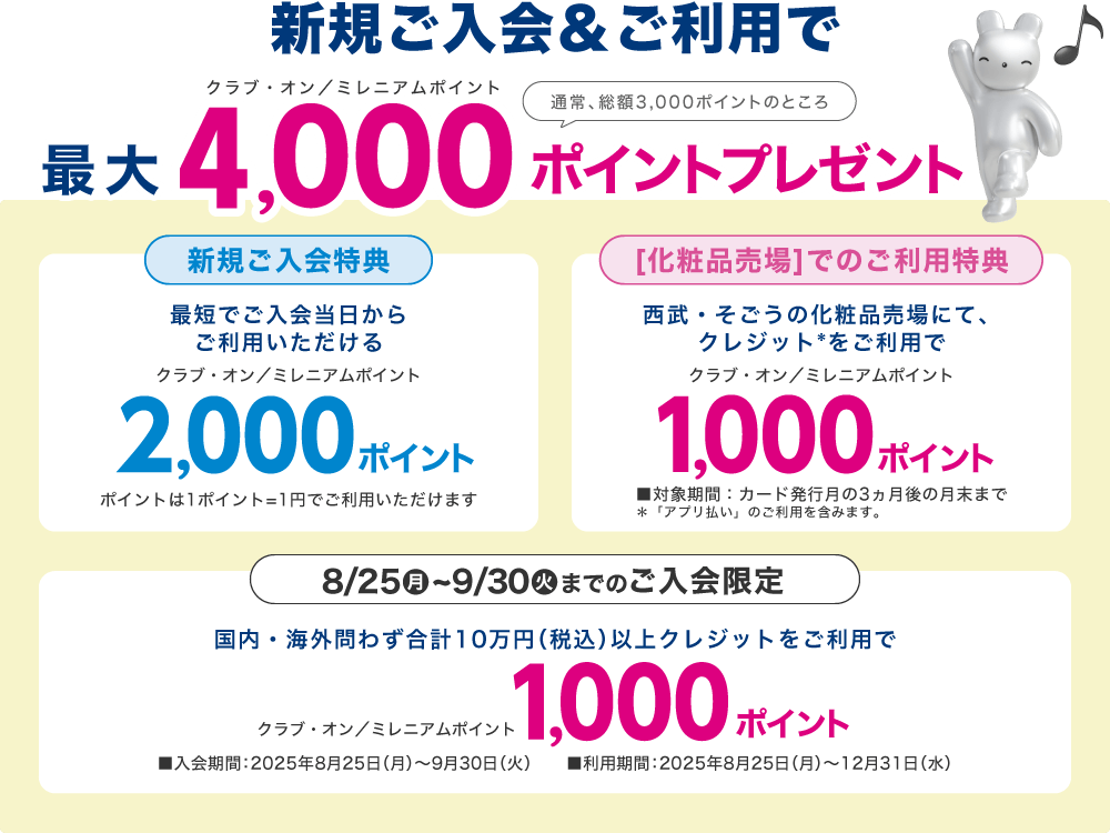 新規ご入会&ご利用で、クラブ・オン/ミレニアムポイント最大4,000ポイントプレゼント