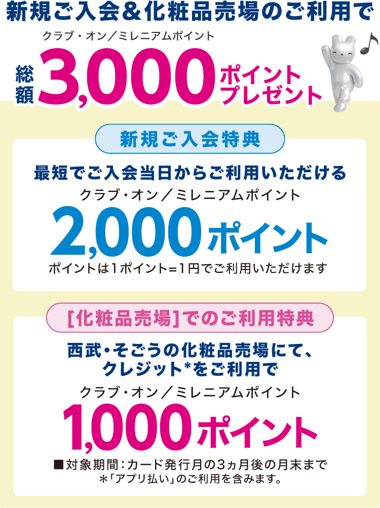 新規ご入会&ご利用で、クラブ・オン／ミレニアムポイント総額3,000ポイントプレゼント