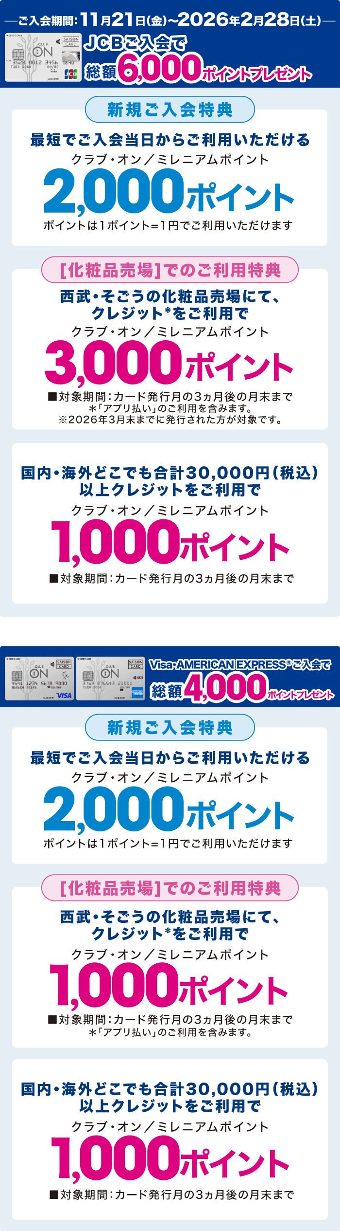 JCBご入会で総額6,000ポイントプレゼント Visa・AMERICAN EXPRESSご入会で総額4000ポイントプレゼント