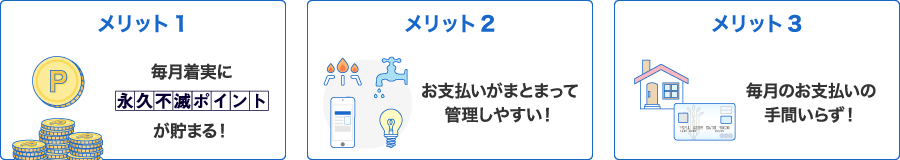 メリット1 毎月着実に永久不滅ポイントが貯まる！メリット２ お支払いがまとまって
    管理しやすい！メリット3 毎月のお支払いの手間いらず！