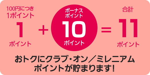 100円につき 1ポイント + ボーナスポイント 10ポイント=合計11ポイント さらにおトクにクラブ・オン/ミレニアムポイントが貯まります!