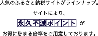 人気のふるさと納税サイトがラインナップ。サイトにより、永久不滅ポイントがお得に貯まる倍率をご用意しております。