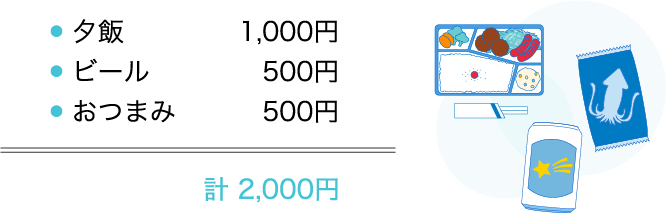 夕飯(1000円)+ビール(500円)+おつまみ(500円)=計2000円